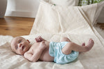 Bambooty newborn easy dry nappy - green stripes in action